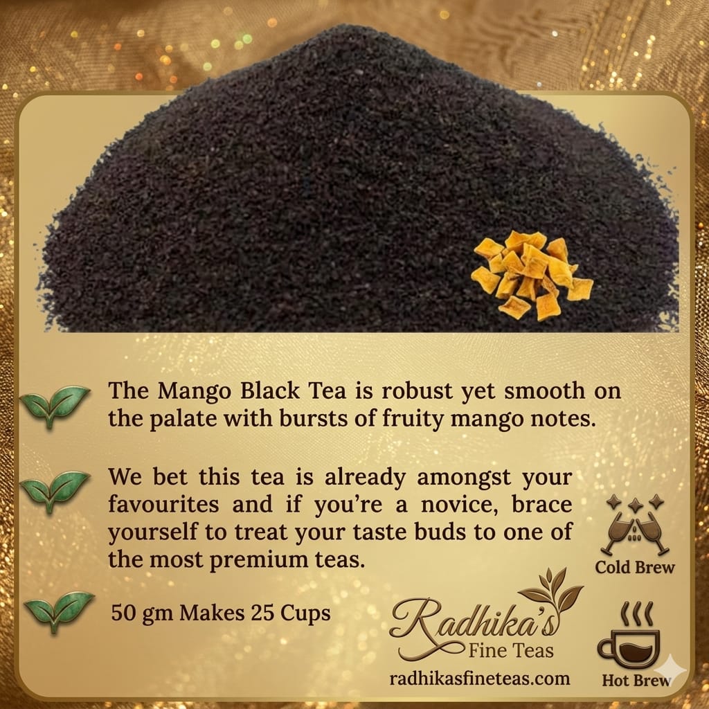 Mango Black Tea packaging with tea powder and tea bags on a gold background