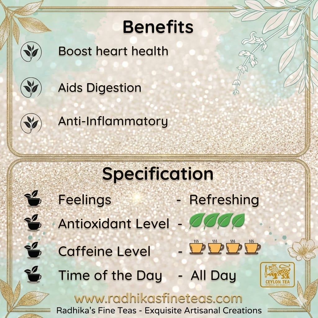 Tea benefits and specifications with decorative elements on a light background