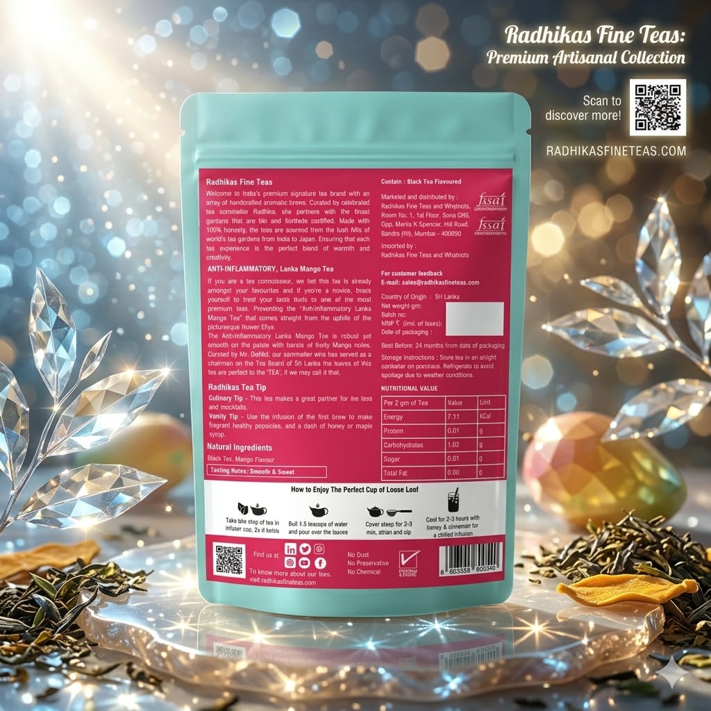 Tea package with a decorative background featuring tea leaves and lights