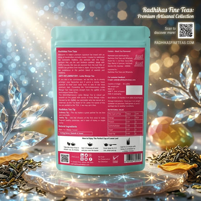 Tea package with a decorative background featuring tea leaves and lights