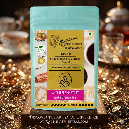 Tea package with branding and product details on a decorative background