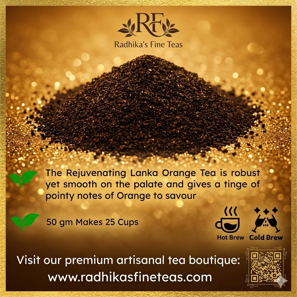 Advertisement for Radhika's Fine Teas with a mound of tea leaves on a gold background.