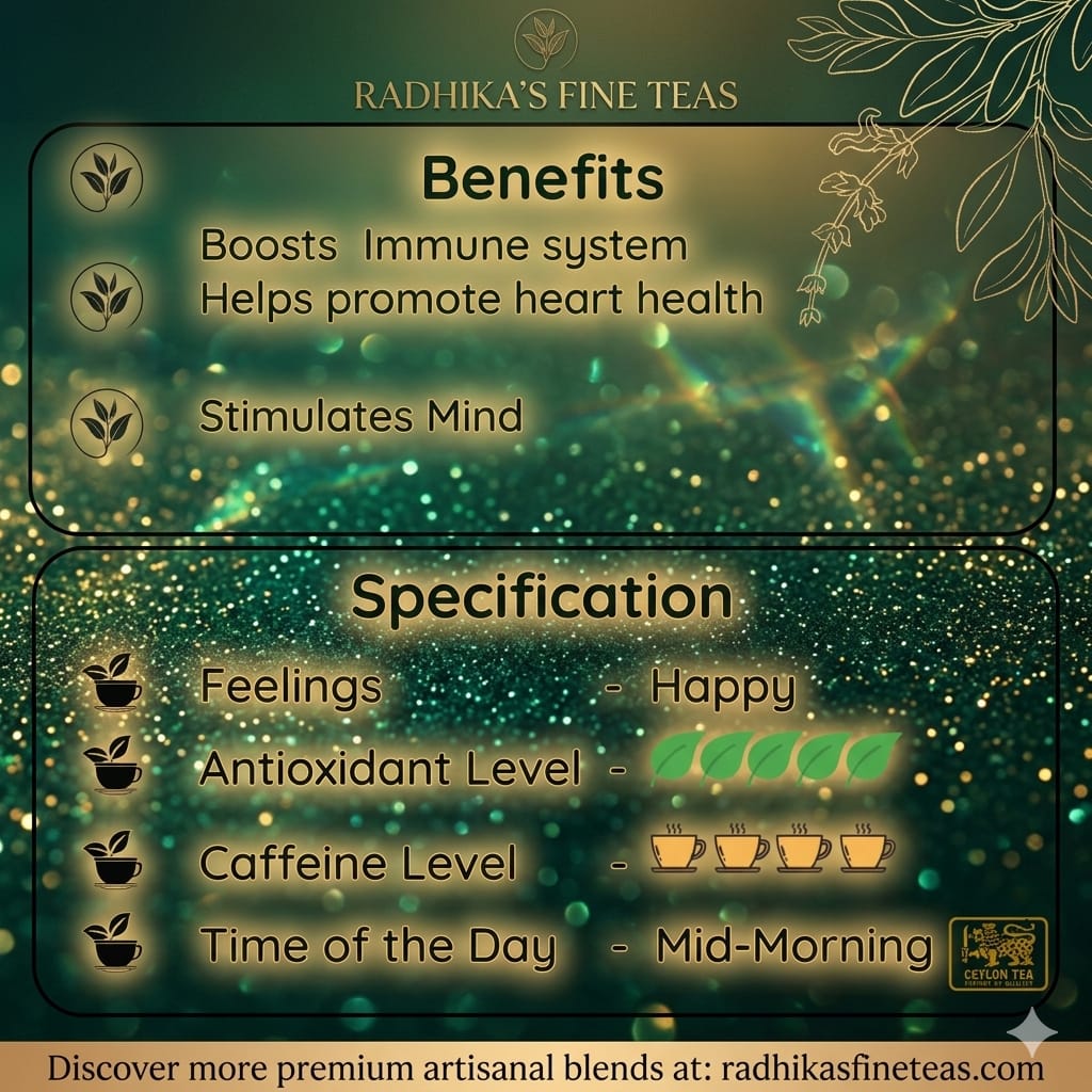 Promotional graphic for Radhika's Fine Teas with benefits and specifications on a green background.