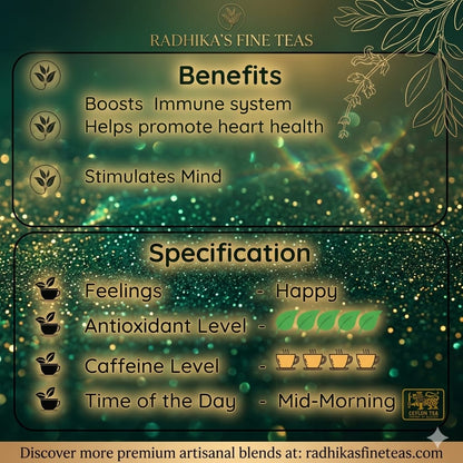 Promotional graphic for Radhika's Fine Teas with benefits and specifications on a green background.