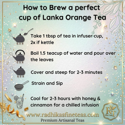Instructions for brewing a perfect cup of Lanka Orange Tea with decorative elements and branding.
