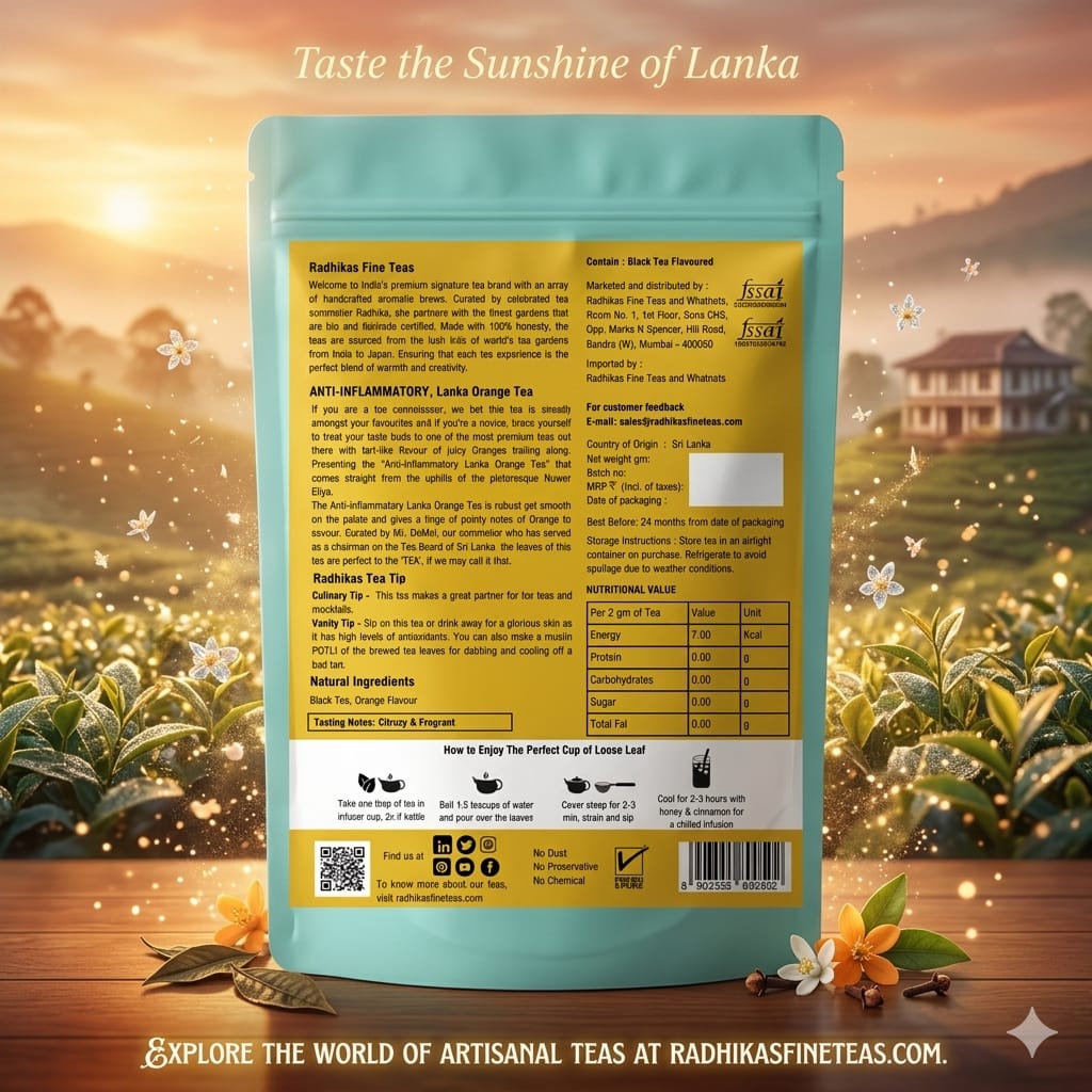 Tea package with scenic background and branding text