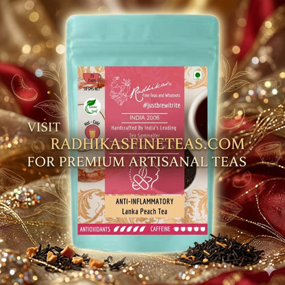 Tea package with decorative elements and promotional text for Radhika's fine teas.