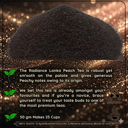 Tea powder with text about Radiance Lanka Peach Tea on a dark background
