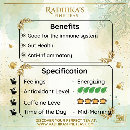 Promotional graphic for Radhika's Fine Teas with benefits and specifications.