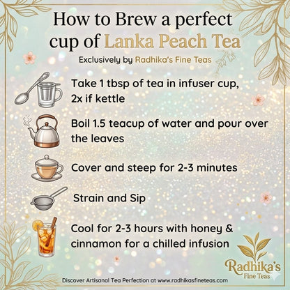 Instructions for brewing a perfect cup of Lanka Peach Tea by Radhika's Fine Teas on a decorative background.