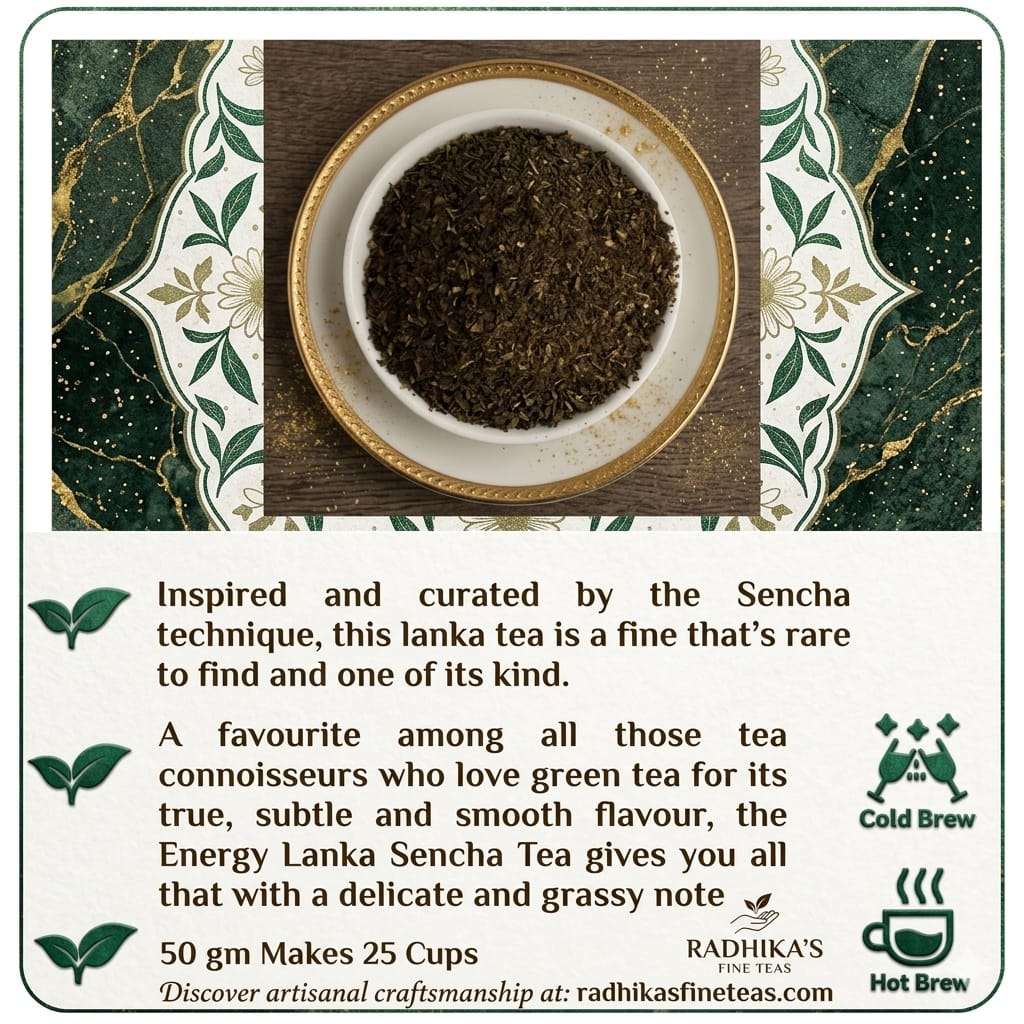 Tea leaves in a bowl with decorative border and text about tea.