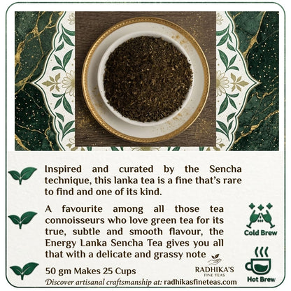 Tea leaves in a bowl with decorative border and text about tea.