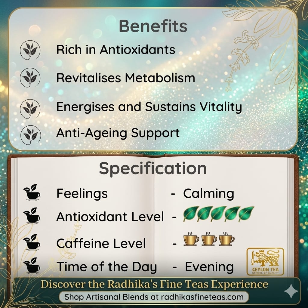 Tea packaging with benefits and specifications on a decorative background