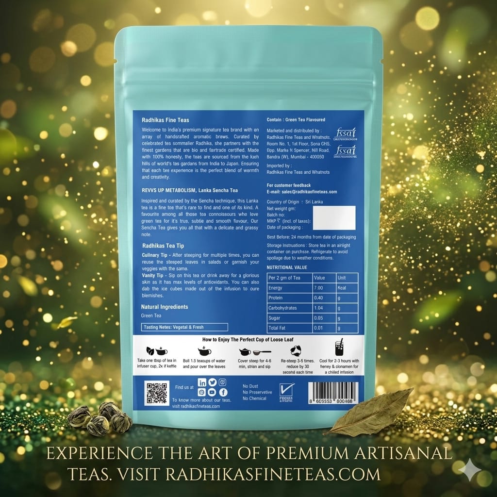 Tea package with blue label on a decorative green background