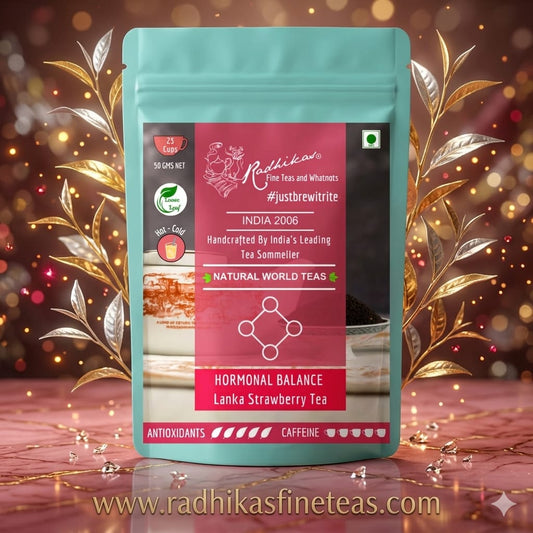 Tea package with a decorative background featuring leaves and lights