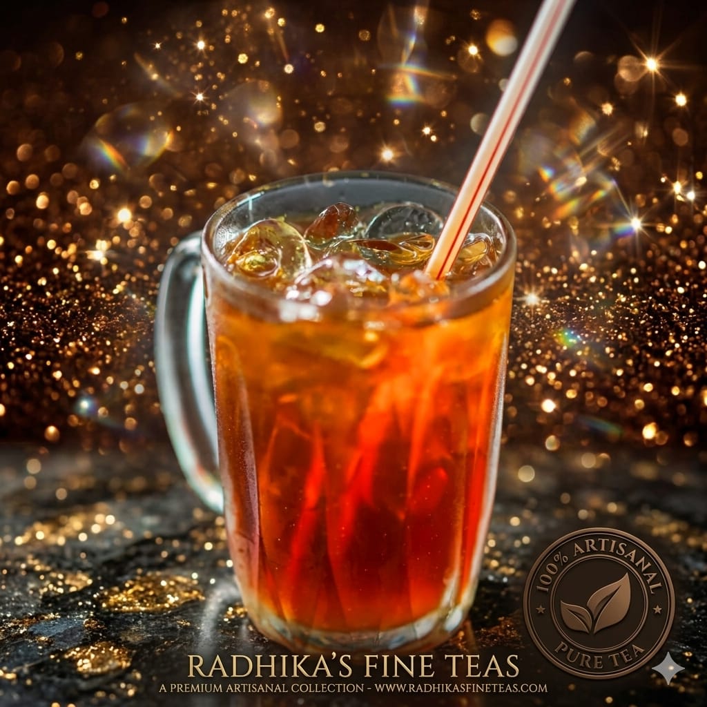 Glass mug of iced tea with a straw on a glittery background, featuring Radhika's Fine Teas branding.