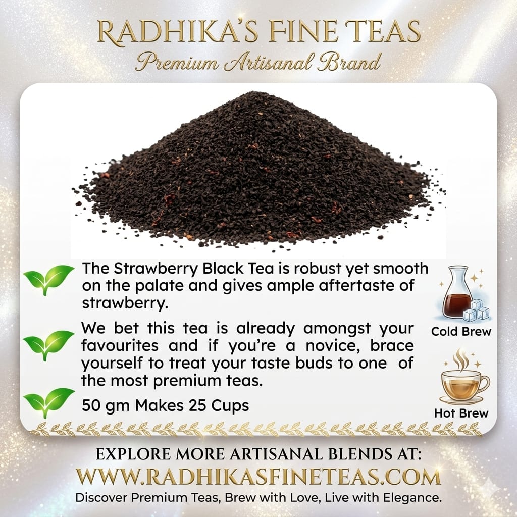 Promotional image of Radhika's Fine Teas Strawberry Black Tea with tea leaves and brewing information.