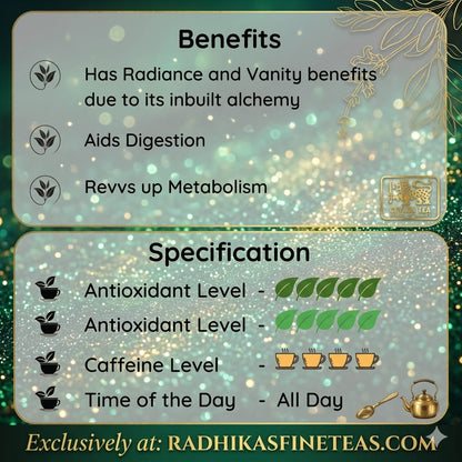 Tea packaging with benefits and specifications on a decorative background