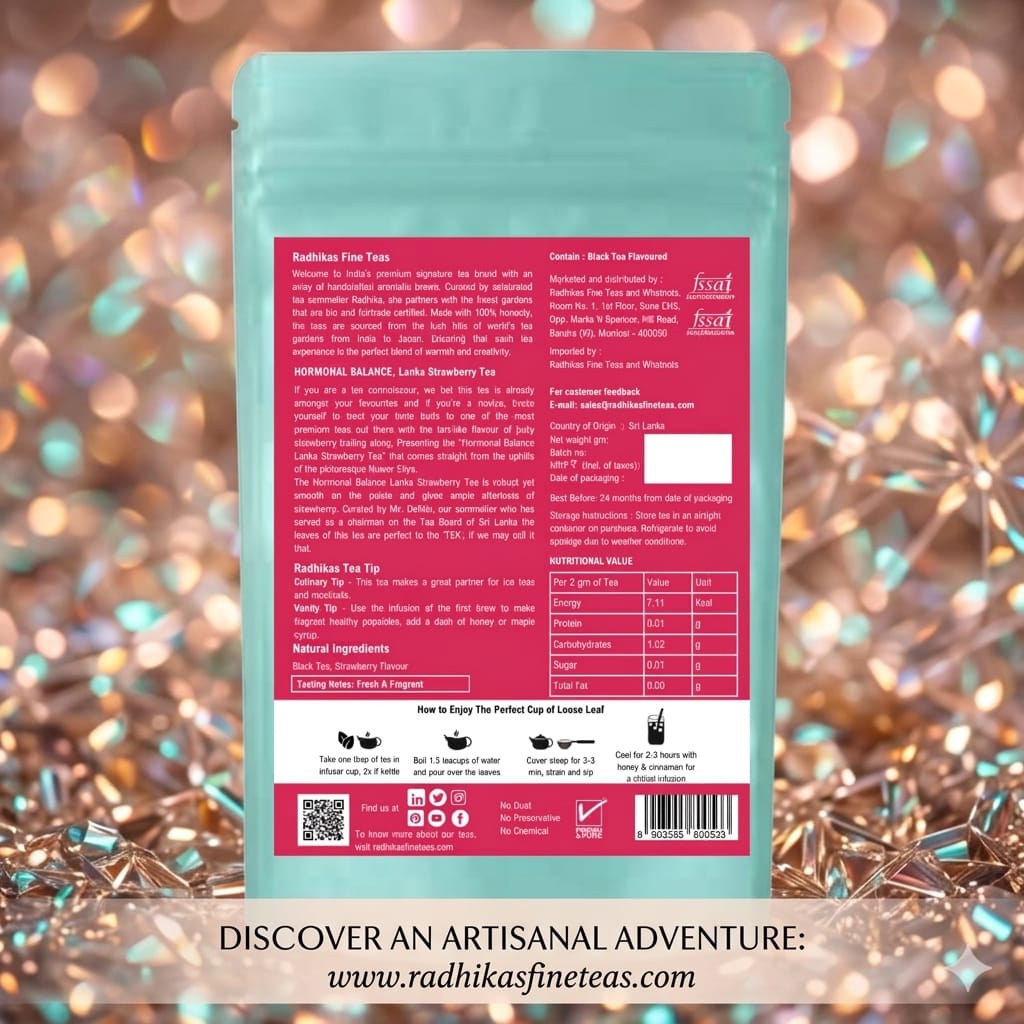 Tea package with a pink label on a glittery background