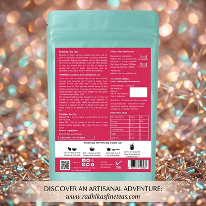 Tea package with a pink label on a glittery background