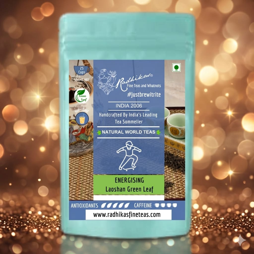 Tea package with a decorative label on a blurred background