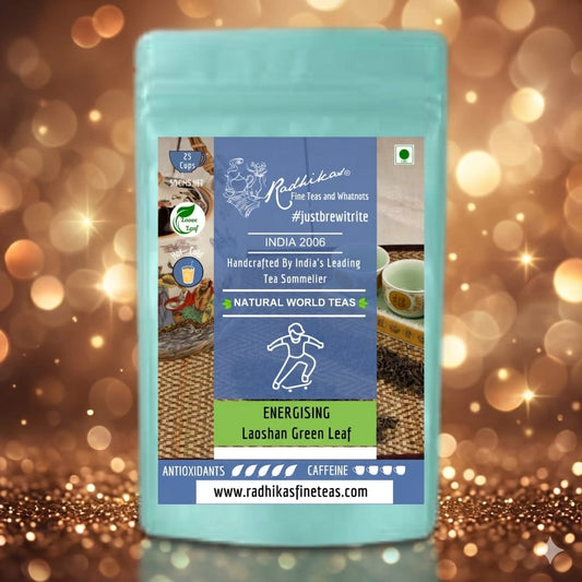 Tea package with a decorative label on a blurred background