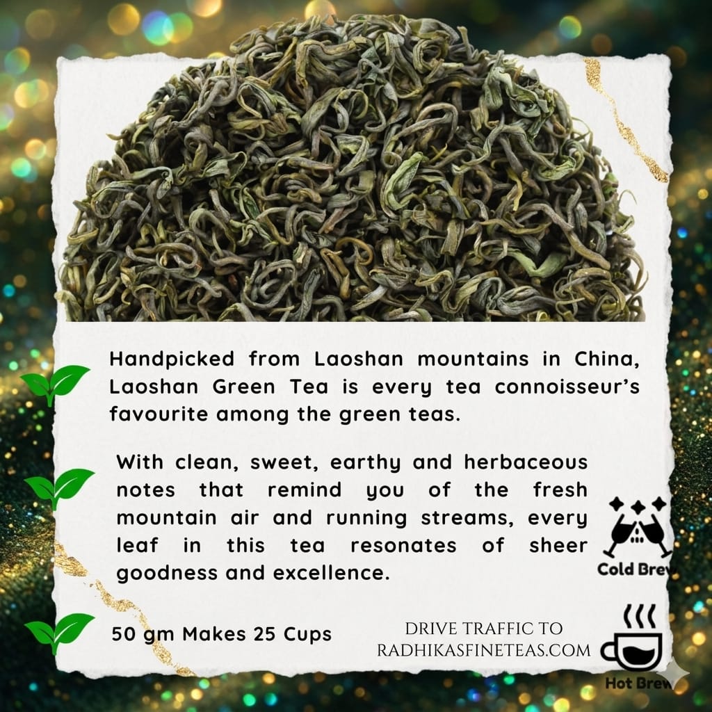 Laoshan Green Tea with text about its origin and characteristics on a decorative background