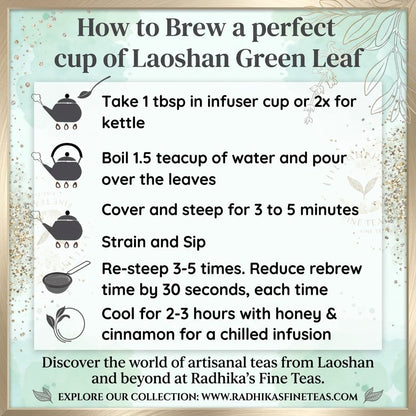 Instructions for brewing a perfect cup of Laoshan Green Leaf tea with illustrations and text.