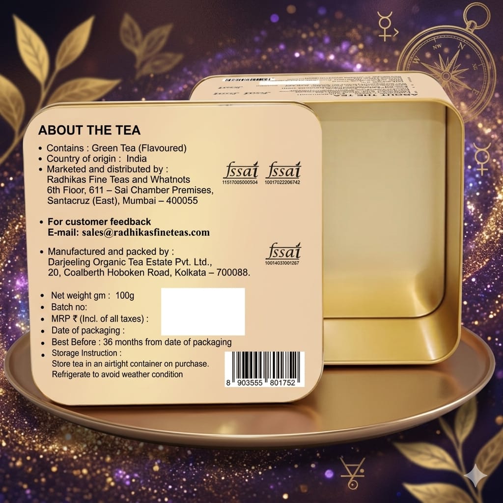 Back of a tea packaging with brand details on a decorative background