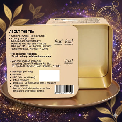 Back of a tea packaging with brand details on a decorative background