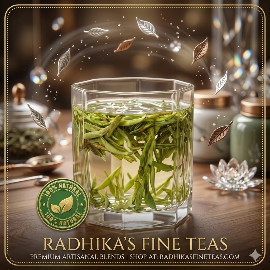 Glass of green tea leaves with Radhika's Fine Teas branding on a wooden table.