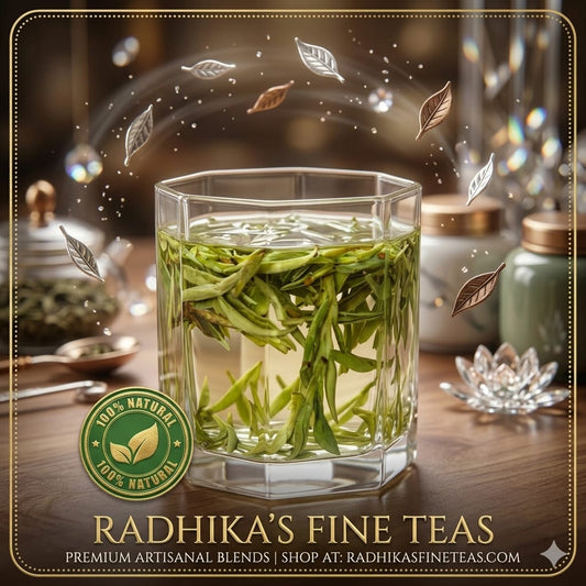 Glass of green tea leaves with Radhika's Fine Teas branding on a wooden table.