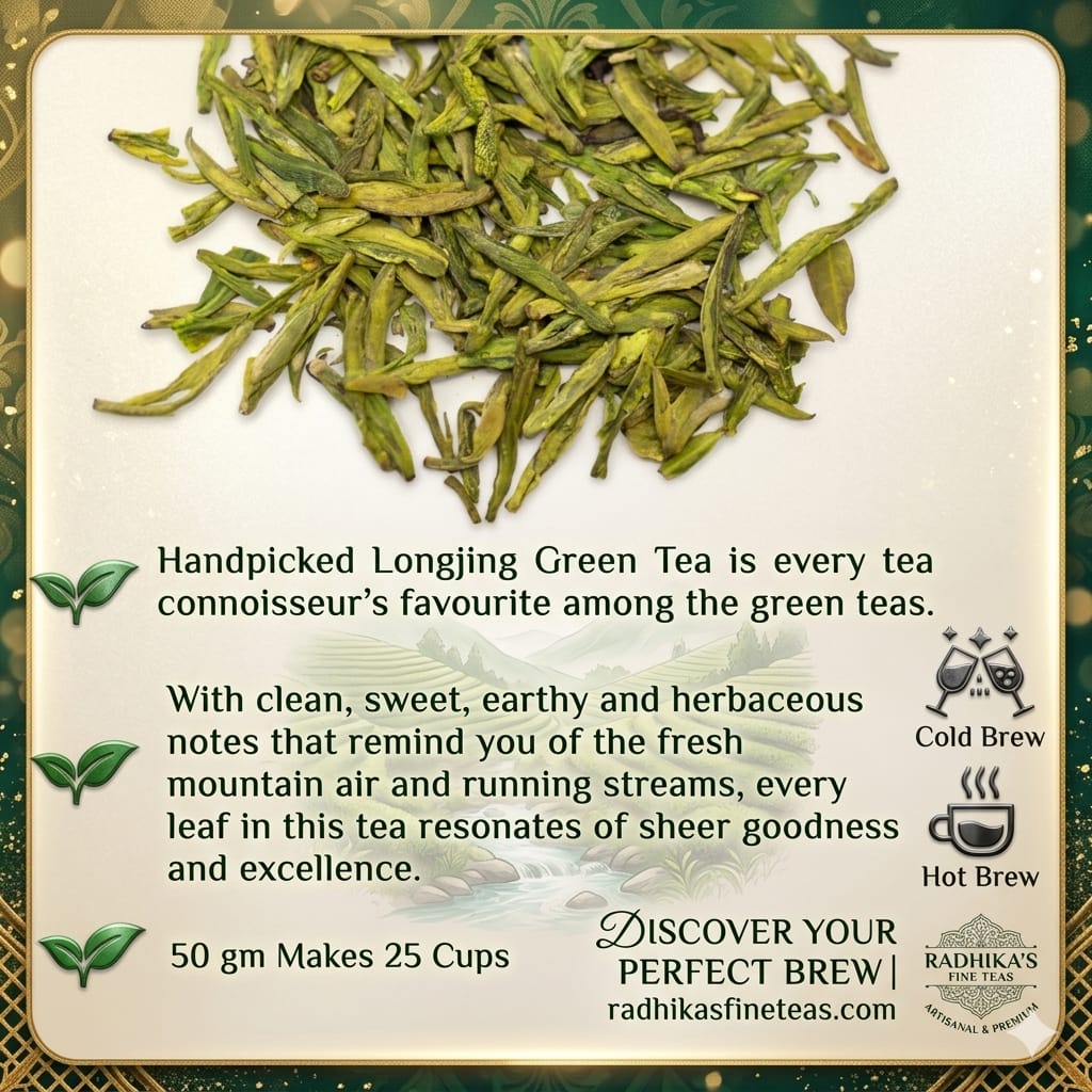 Handpicked Longjing Green Tea packaging with tea leaves and branding details.