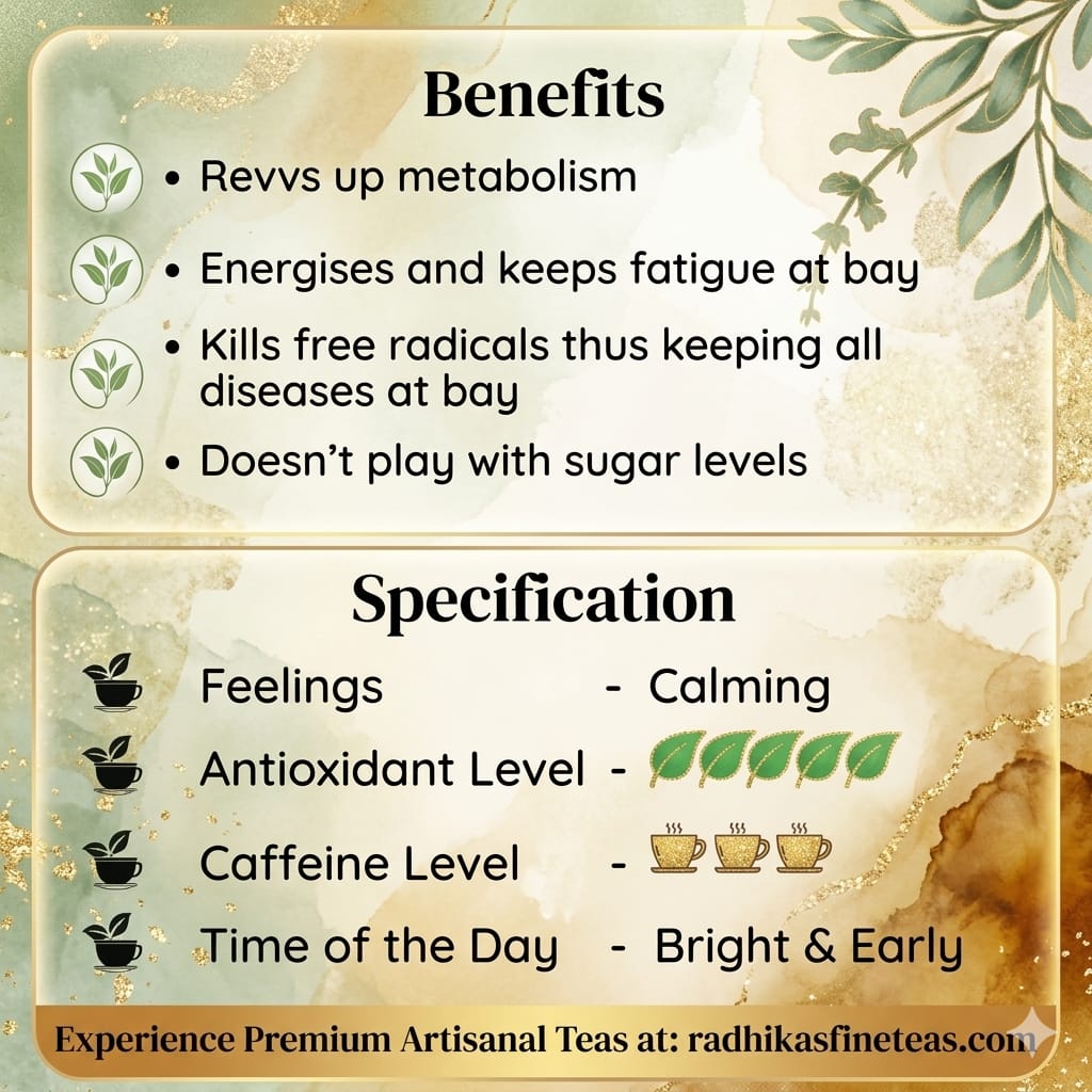 Tea benefits and specifications with decorative elements on a textured background