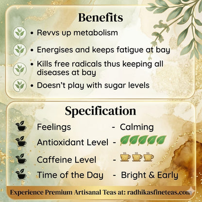 Tea benefits and specifications with decorative elements on a textured background