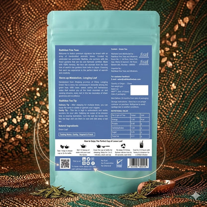 Tea package with blue label on a decorative background