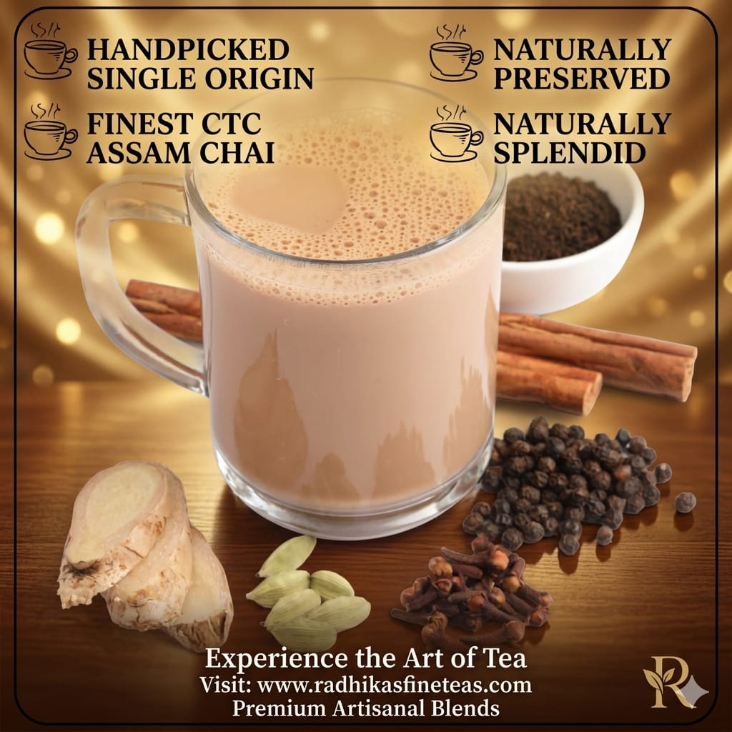 Glass of Assam Chai with tea leaves, spices, and a blurred background.