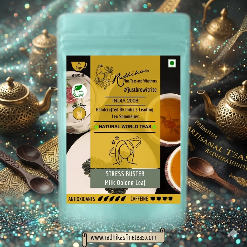 Tea package with decorative teapots and tea cups on a sparkling background
