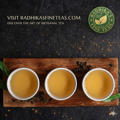 Three cups of tea on a wooden board with Radhika's Fine Teas branding.