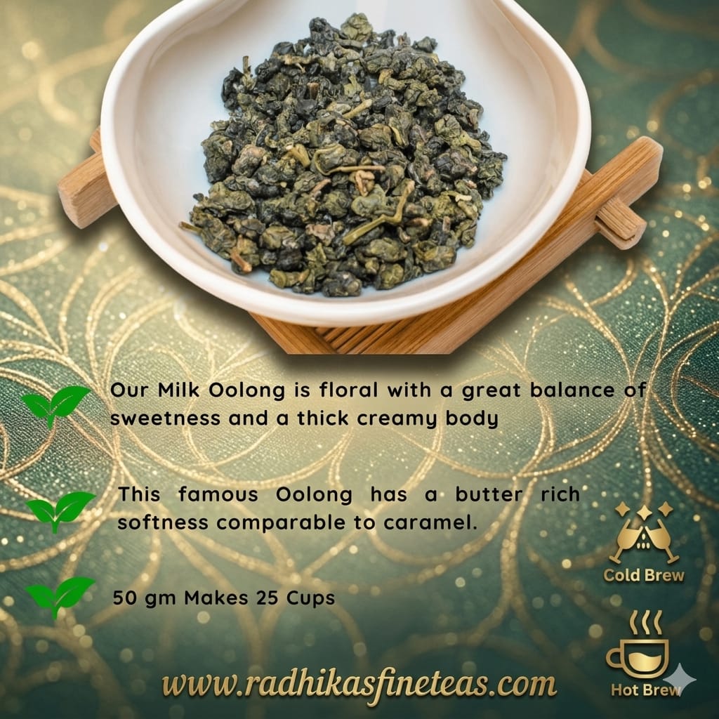 Dried green tea leaves in a white bowl on a decorative background with text about the tea.