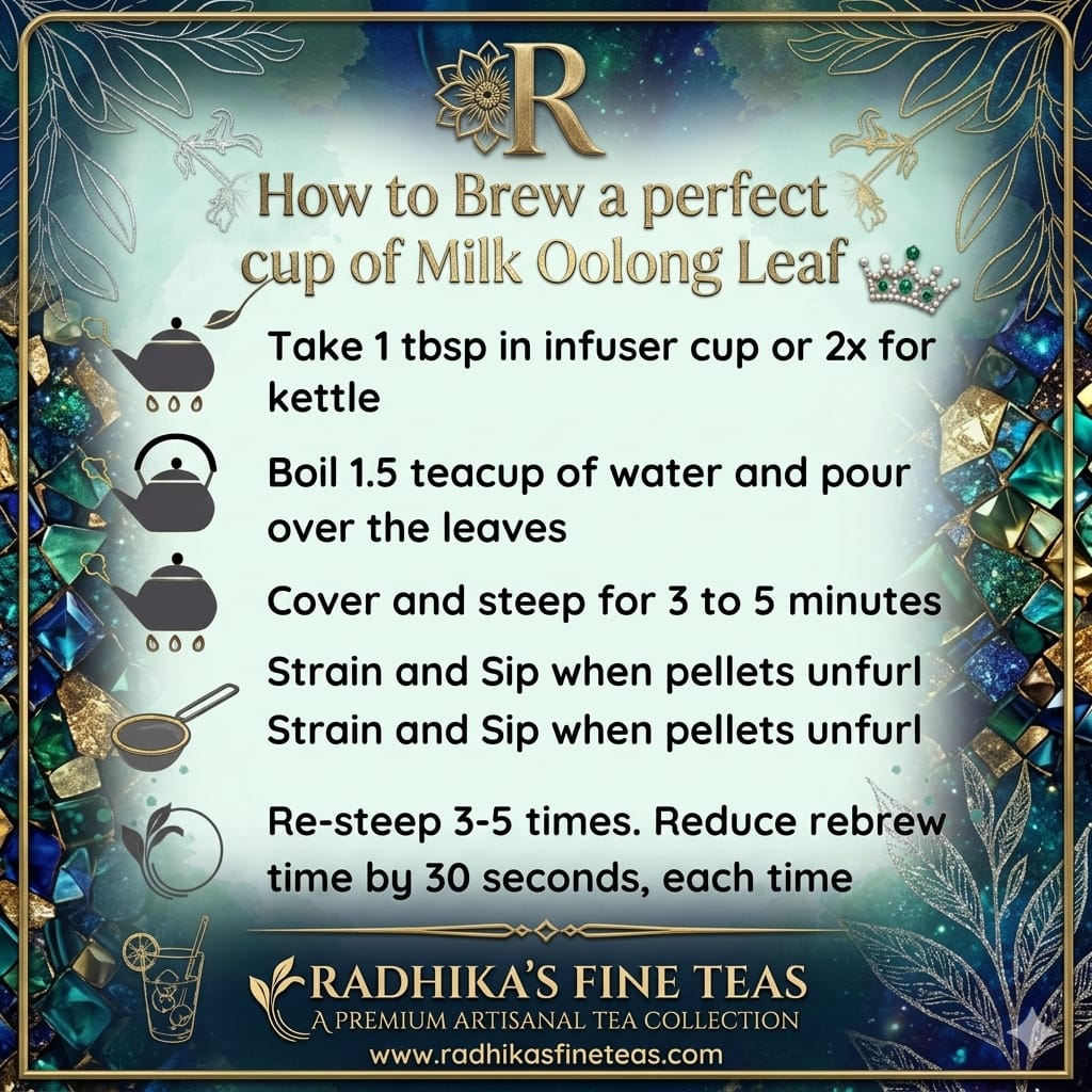 Tea brewing instructions for Milk Oolong Leaf with Radhika's Fine Teas branding.