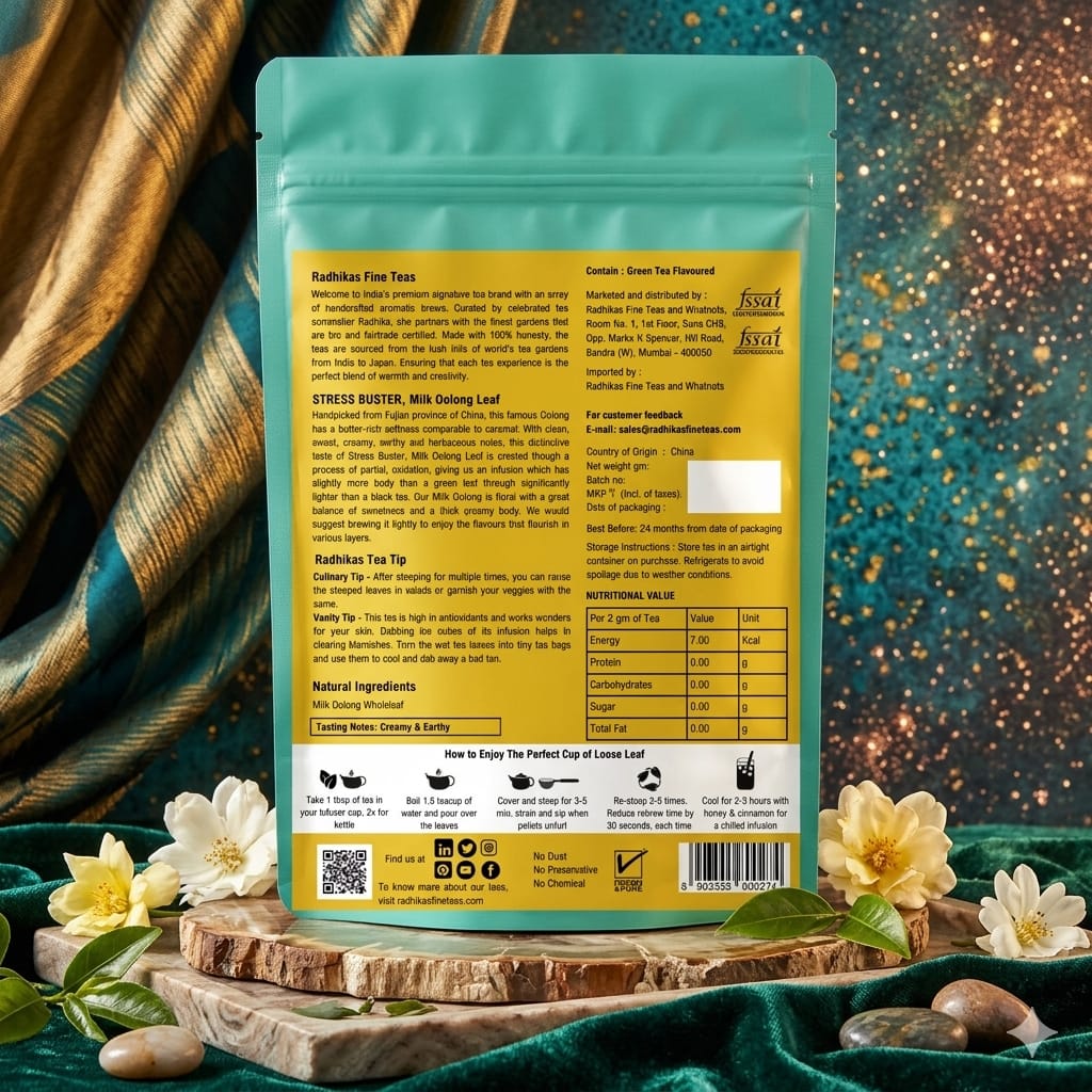 Tea package with nutritional information and QR code on a decorative background