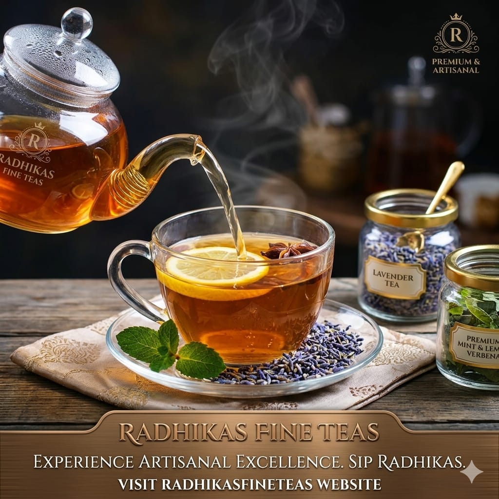 Tea being poured from a teapot into a glass cup with Radhika's Fine Teas branding.