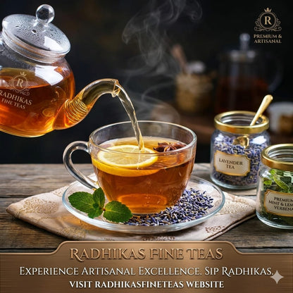 Tea being poured from a teapot into a glass cup with Radhika's Fine Teas branding.