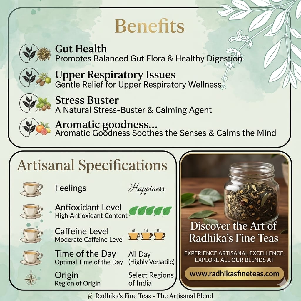 Tea benefits and specifications with a jar of tea leaves and Radhika's Fine Teas branding.