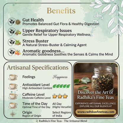 Tea benefits and specifications with a jar of tea leaves and Radhika's Fine Teas branding.