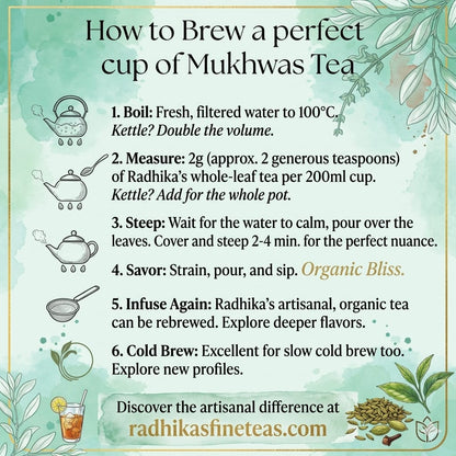 Instructions on how to brew a perfect cup of Mukhwas tea with illustrations and text.