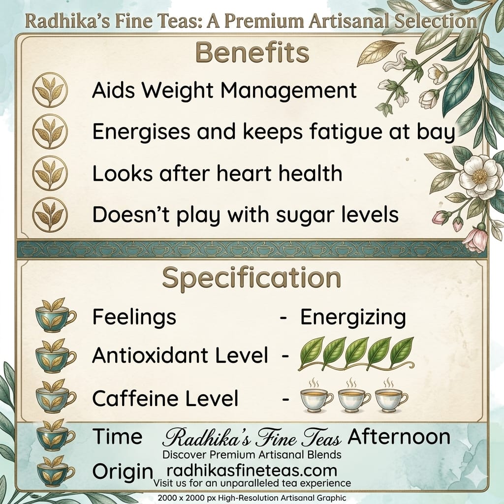 Promotional graphic for Radhika's Fine Teas with benefits and specifications listed.