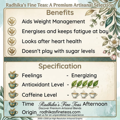 Promotional graphic for Radhika's Fine Teas with benefits and specifications listed.