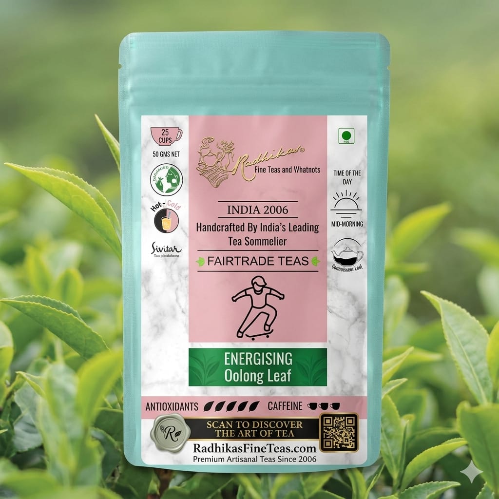 Tea package with a label on a background of green tea leaves